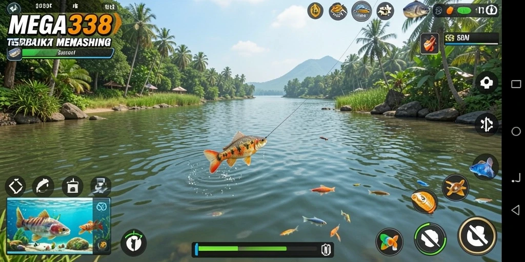 Tampilan gameplay MEGA338 dengan aksi <strong>memancing</strong> yang seru.