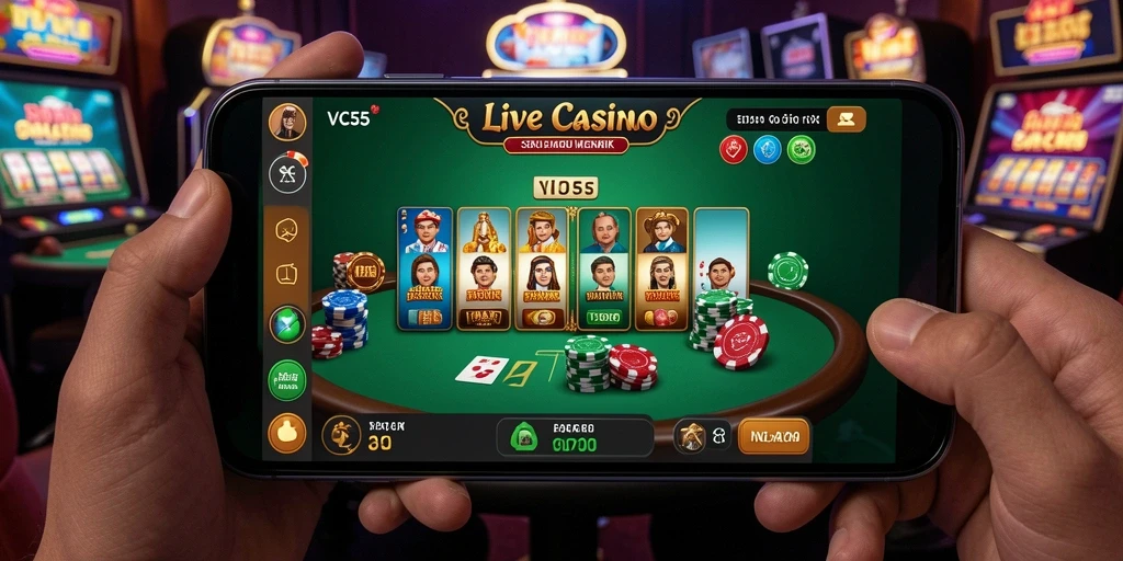 Screenshot gameplay Live Casino VC55 dengan dealer profesional.